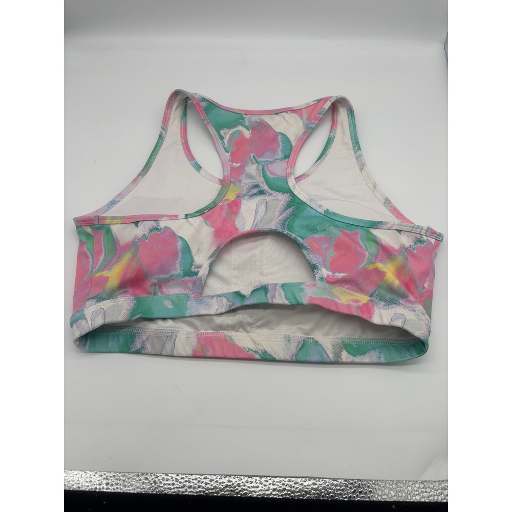 Zelos Womens Pink Green Watercolor Abstract Print Racerback Sports Bra Large